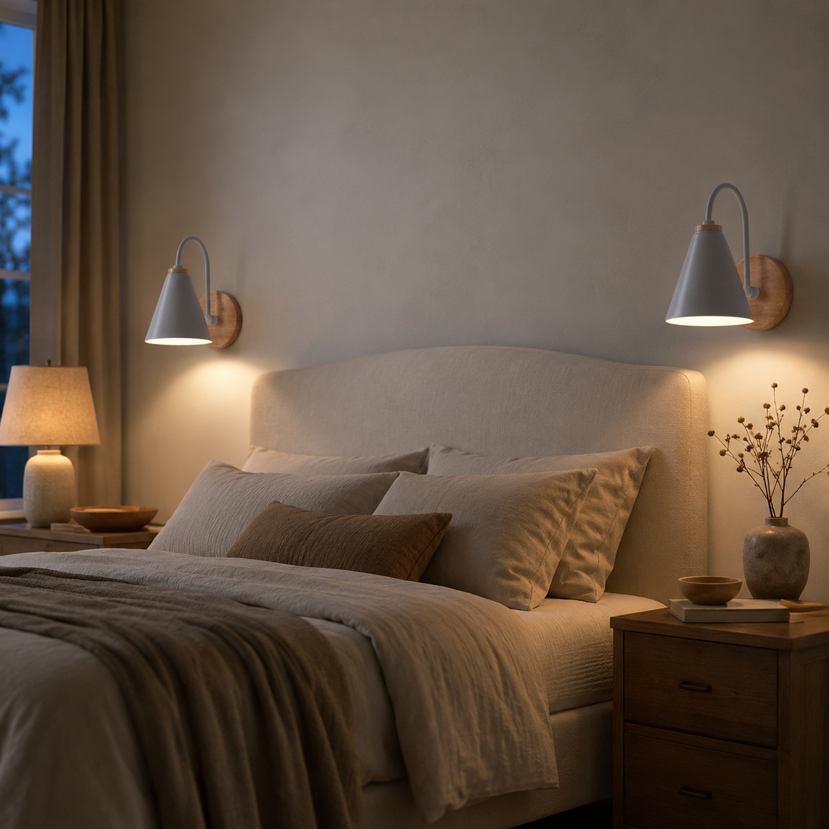 Cone Wall Sconce, Curved Arm Wall Light with Wood Backplate, 3 Colors