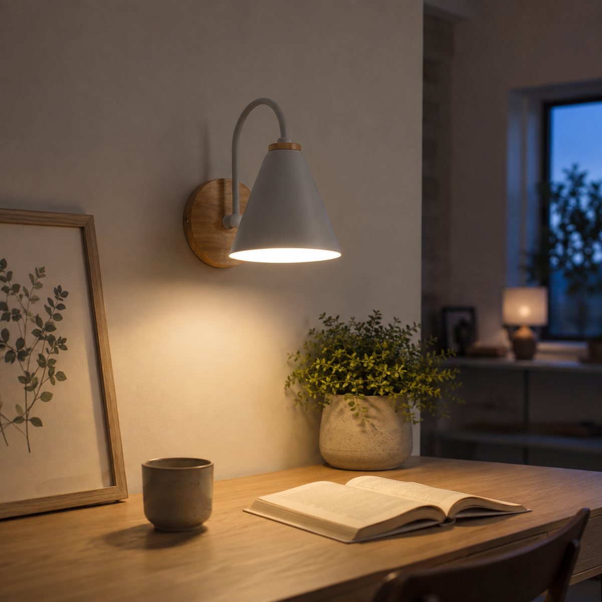 Cone Wall Sconce, Curved Arm Wall Light with Wood Backplate, 3 Colors