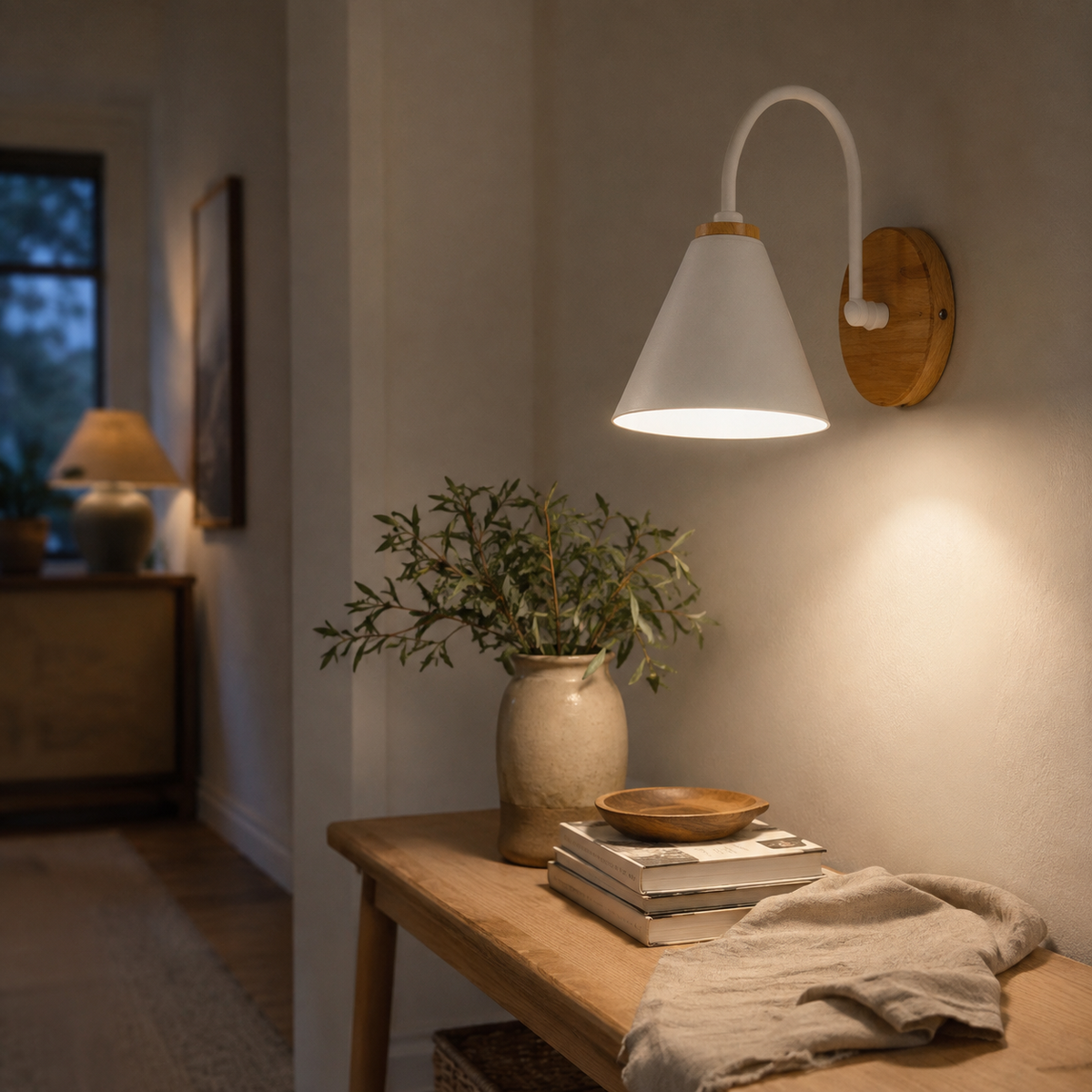 Cone Wall Sconce, Curved Arm Wall Light with Wood Backplate, 3 Colors