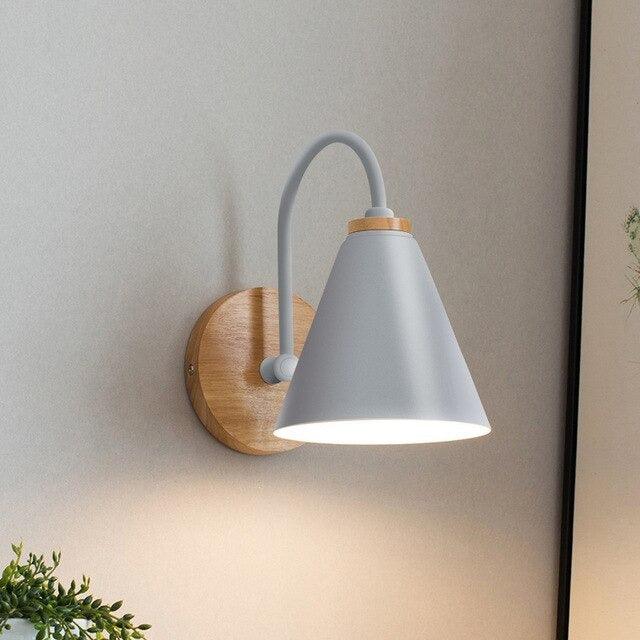 Cone Wall Sconce, Curved Arm Wall Light with Wood Backplate, 3 Colors