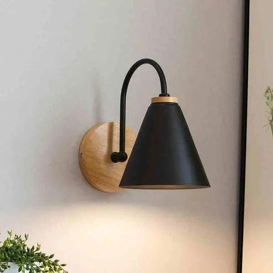 Cone Wall Sconce, Curved Arm Wall Light with Wood Backplate, 3 Colors