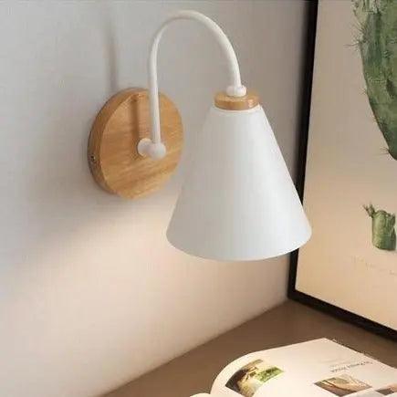 Cone Wall Sconce, Curved Arm Wall Light with Wood Backplate, 3 Colors