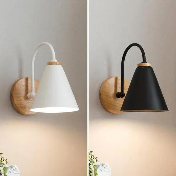 Cone Wall Sconce, Curved Arm Wall Light with Wood Backplate, 3 Colors