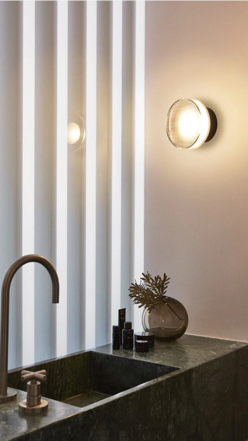 Ribbed Glass Wall Light, LED Dome Sconce for Wall or Ceiling, Black or Brass
