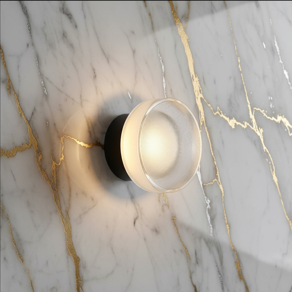 Ribbed Glass Wall Light, LED Dome Sconce for Wall or Ceiling, Black or Brass