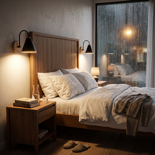 Cone Wall Sconce, Curved Arm Wall Light with Wood Backplate, 3 Colors